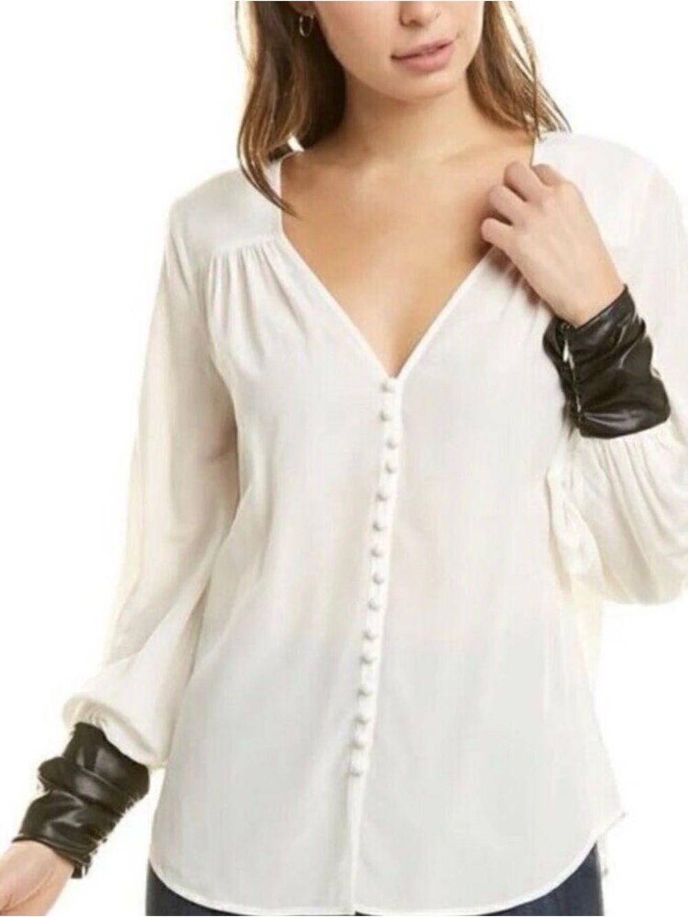 NWT Cinq à Sept Francis Silk Blouse Faux Leather Cuff Button Front Ivory/Black S